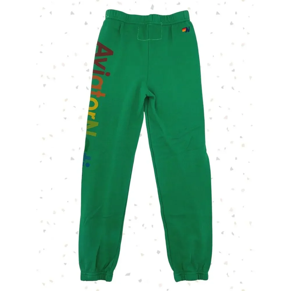 Aviator Nation Kelly Green Logo Sweatpants Bright Rainbow Unisex KIDS Size 12